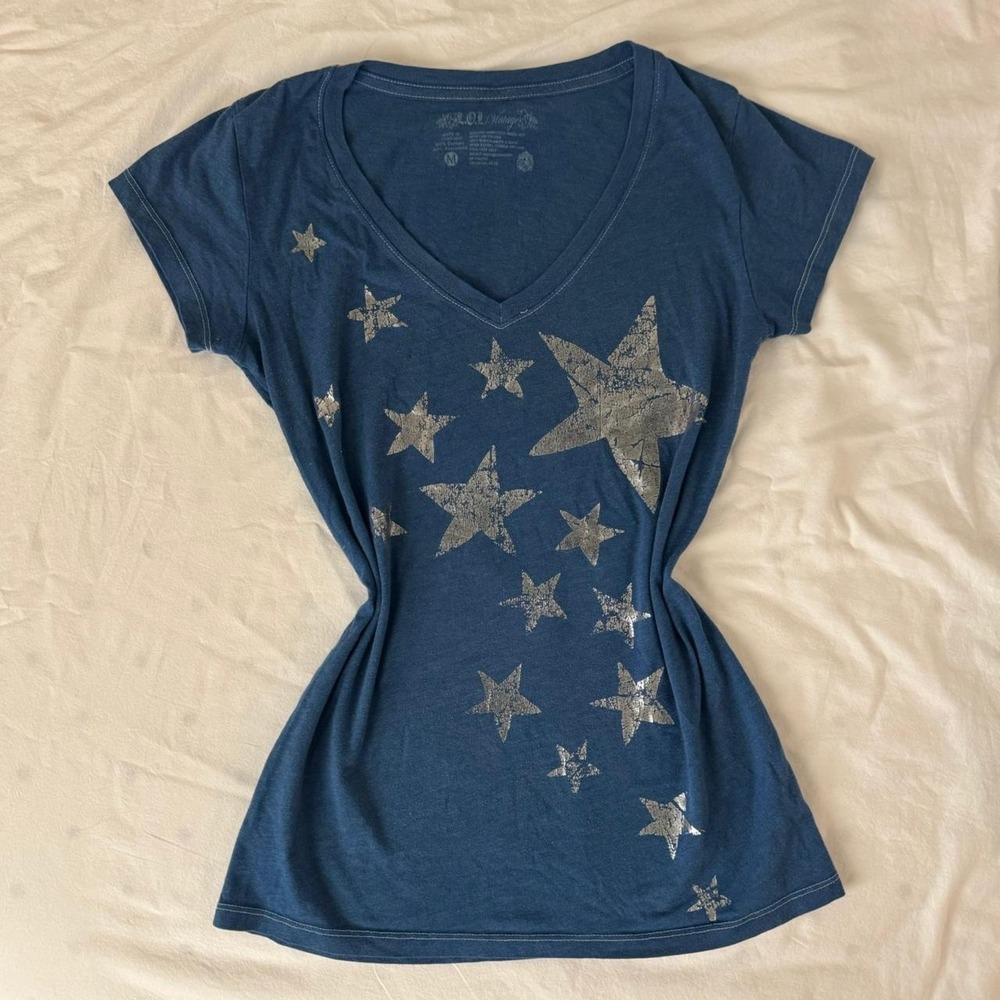 Navy blue L.O.L Vintage V-neck shirt with silver star design